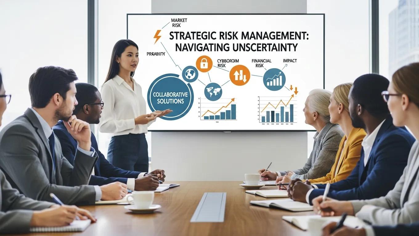 Consultant presenting risk management strategies to business professionals in a conference room