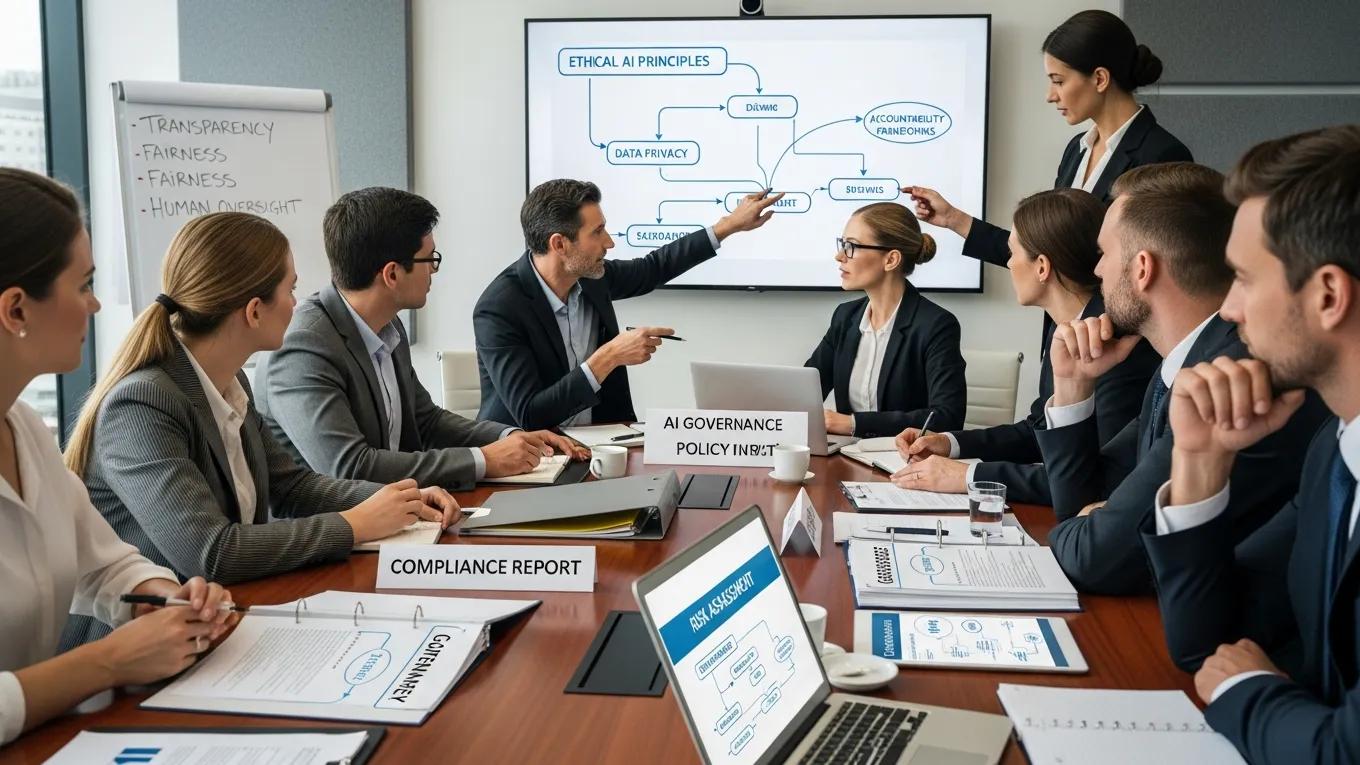 Corporate leaders reviewing AI governance models in a meeting