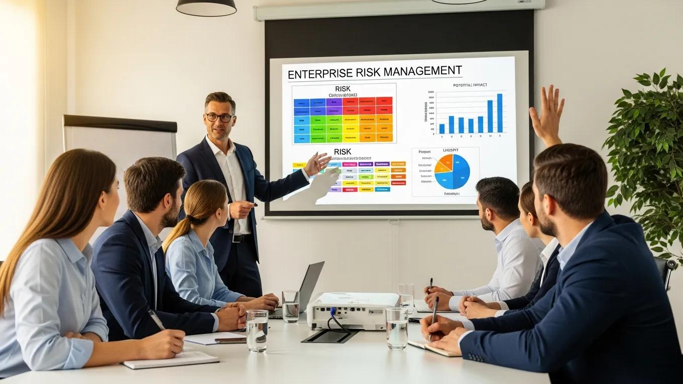 Corporate training session on enterprise risk management, featuring a presenter discussing risk assessment visuals on a screen, with engaged participants in a modern meeting room.