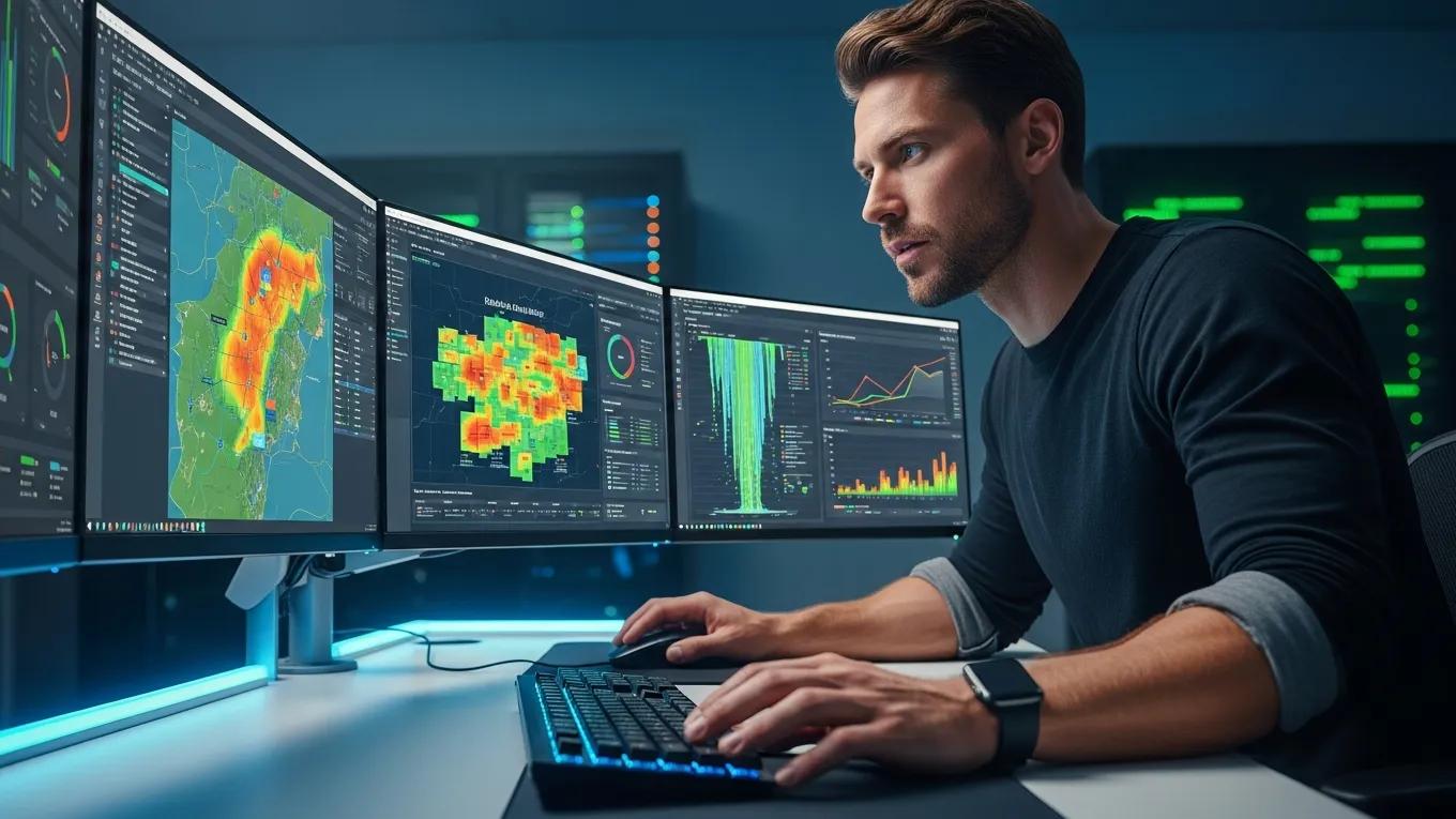 Data analyst working on risk analytics dashboards in a tech-focused environment
