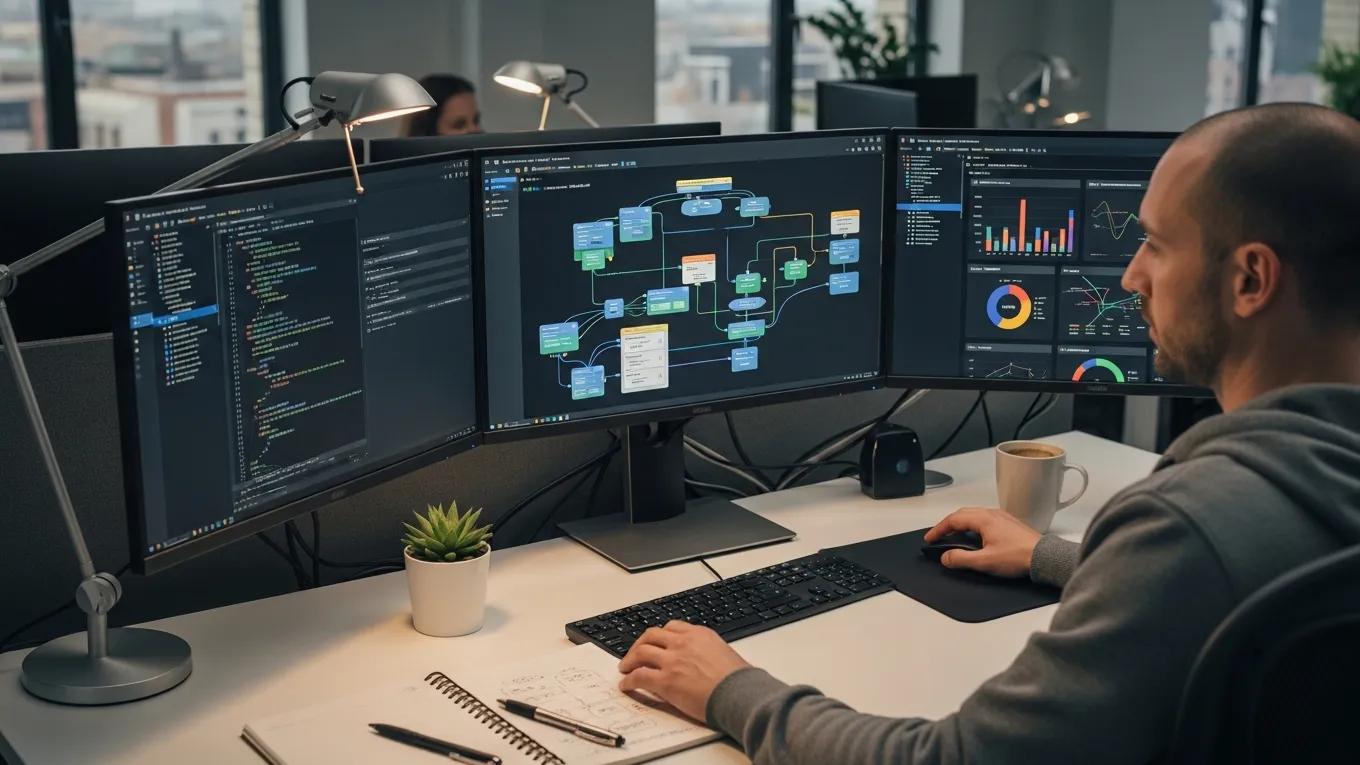 Data engineer optimizing data pipelines with multiple screens in a productive workspace