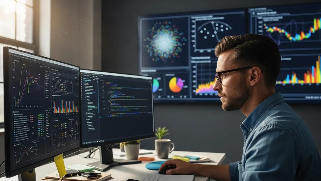 Data scientist analyzing machine learning model performance metrics