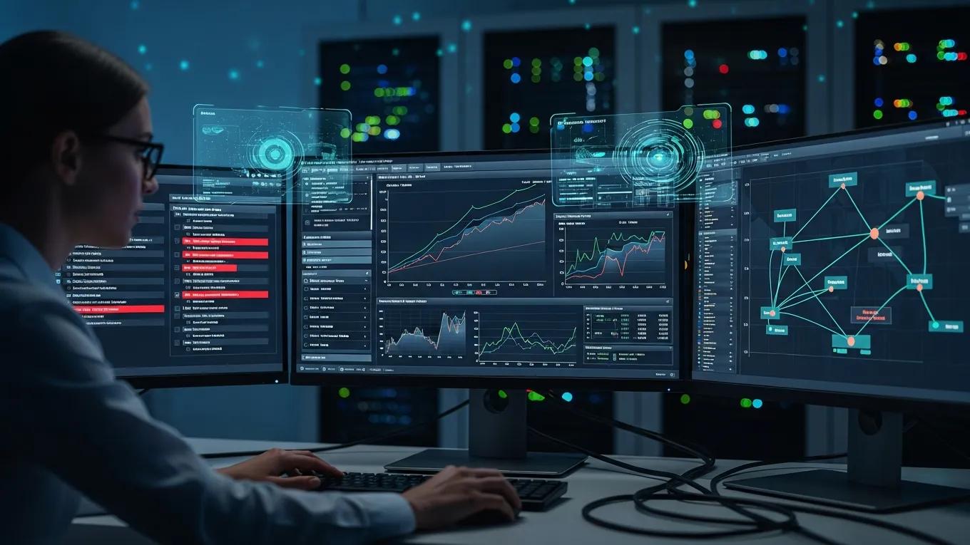 Data scientist monitoring AI model performance metrics in a high-tech environment