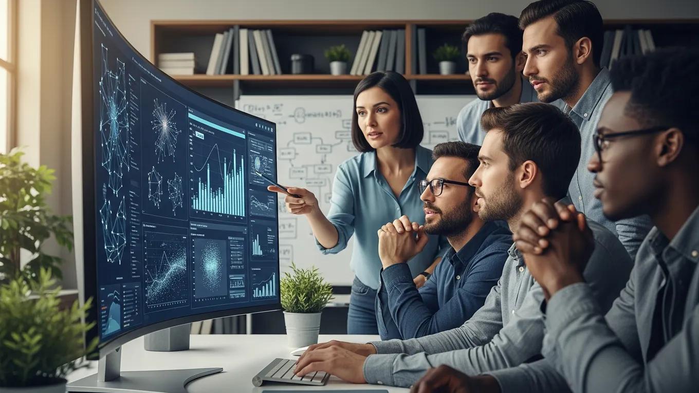Data scientists analyzing AI algorithms in a high-tech office