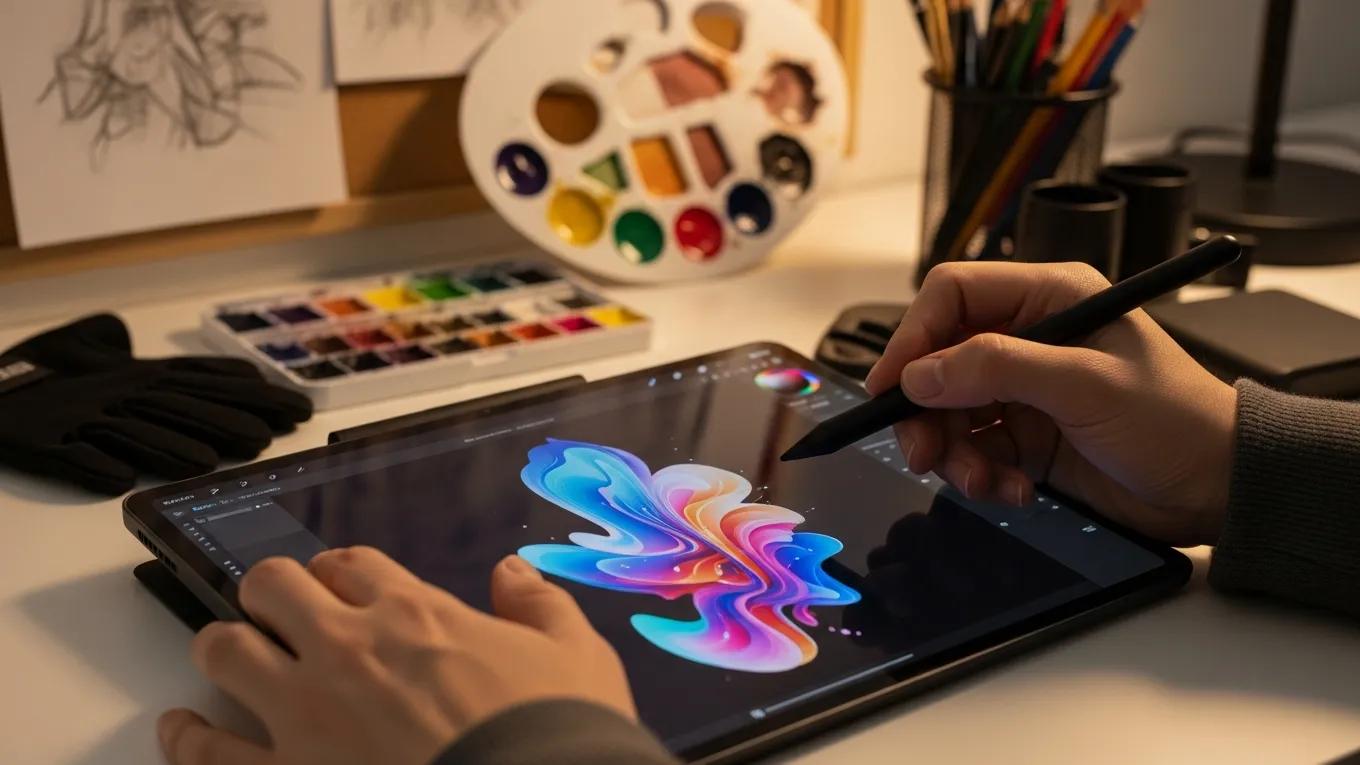 Digital artist integrating AI tools into their workflow, highlighting the fusion of creativity and technology