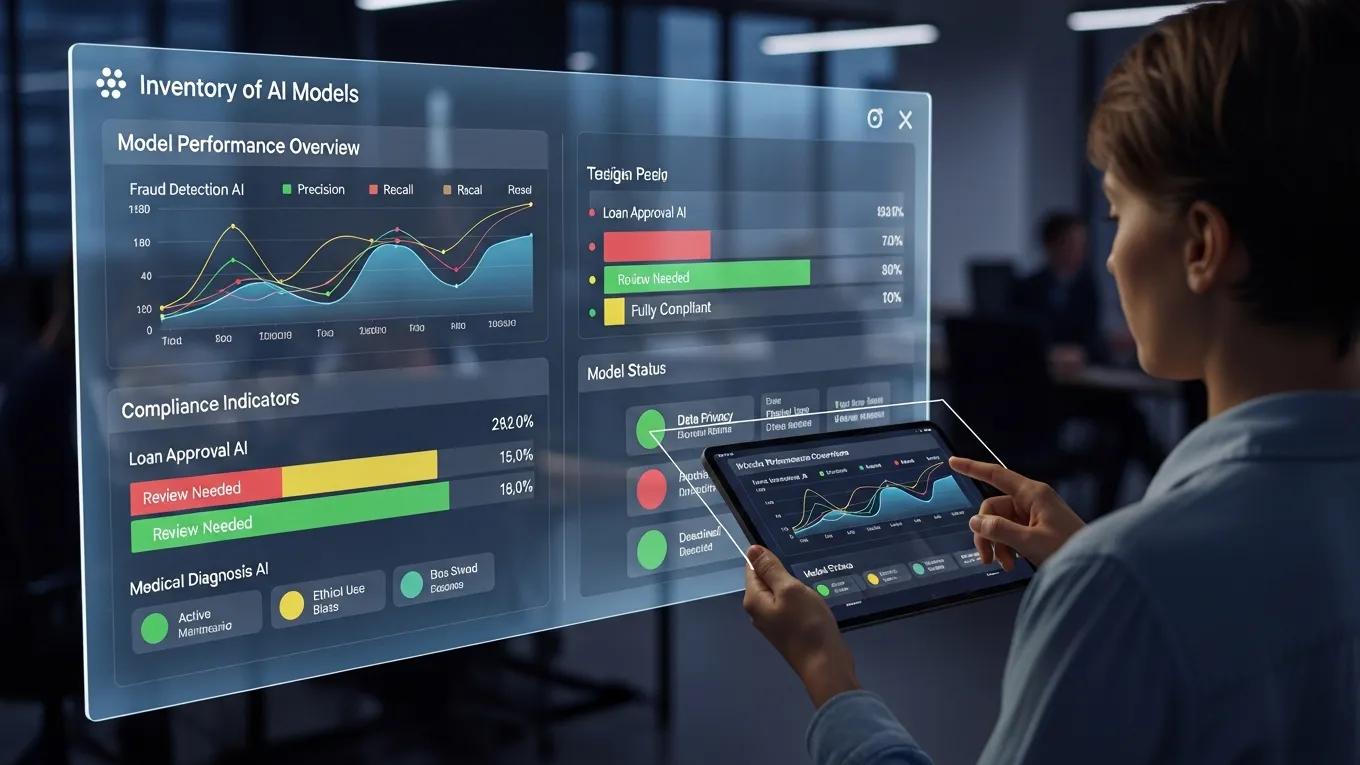 Digital dashboard for model inventory management showcasing AI models and metrics