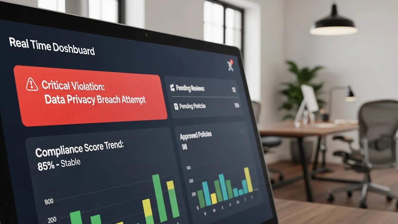 Digital dashboard showing real-time alerts and compliance metrics in a professional workspace