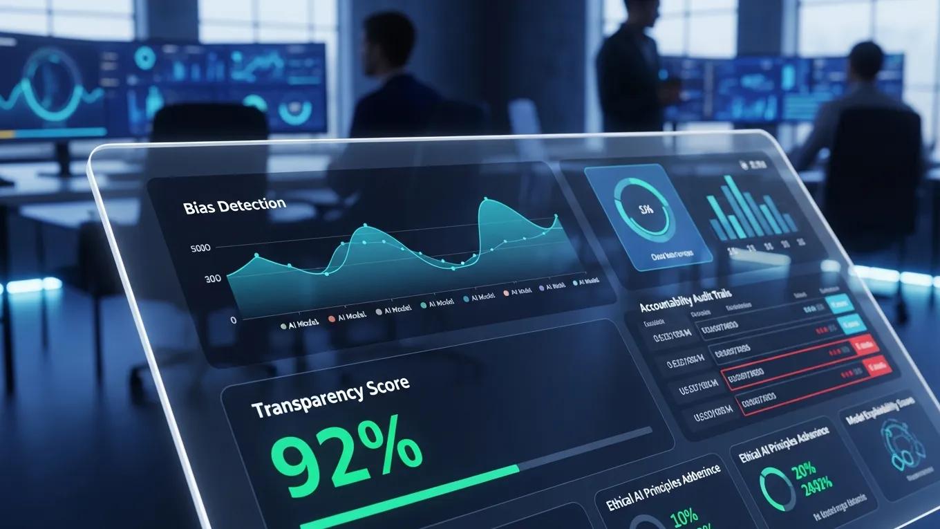 Digital interface displaying AI governance metrics in a high-tech workspace