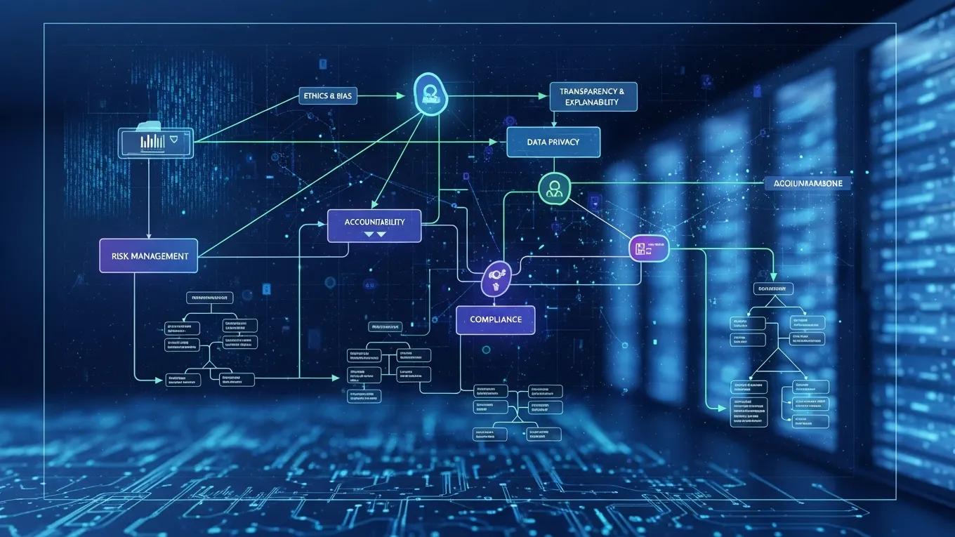 Digital interface showcasing AI governance frameworks and their interconnectedness