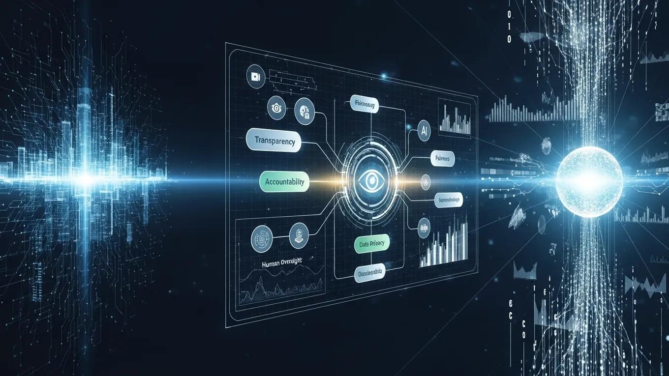Digital interface showcasing AI governance guidelines, emphasizing ethical use and transparency in technology
