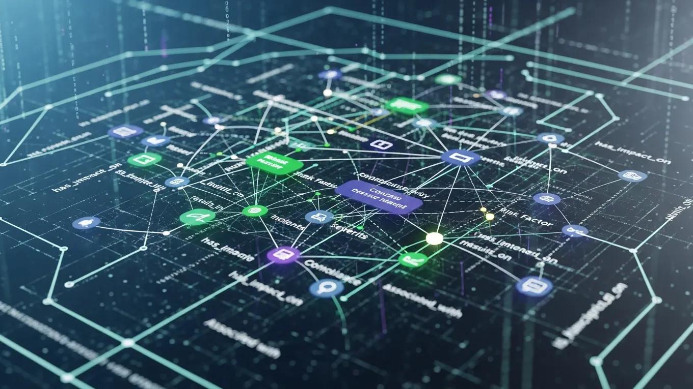 Digital representation of ontology engineering framework for risk classification, featuring interconnected nodes and semantic relationships, illustrating structured risk taxonomy development in AI governance and compliance contexts.