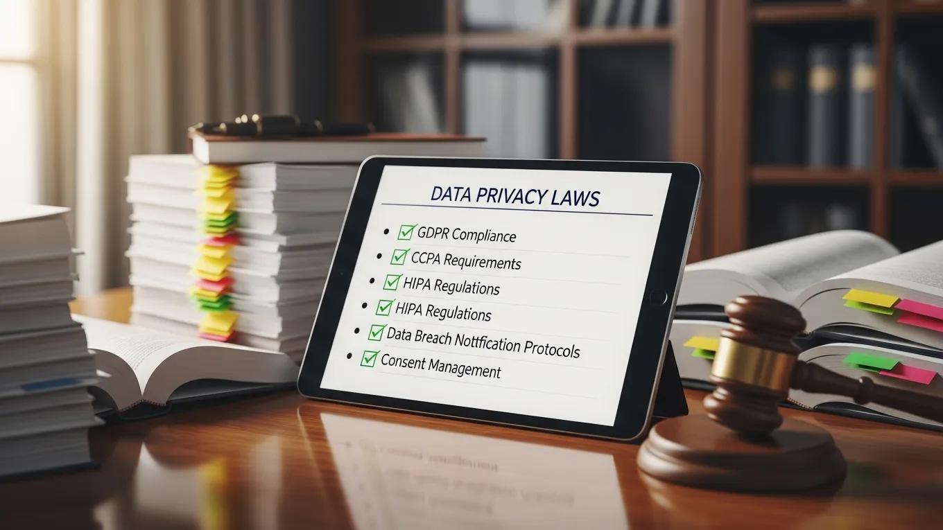 Digital tablet displaying a checklist of data privacy laws including GDPR compliance, CCPA requirements, and HIPAA regulations, with legal documents and a gavel in the background, emphasizing compliance in AI data processing.