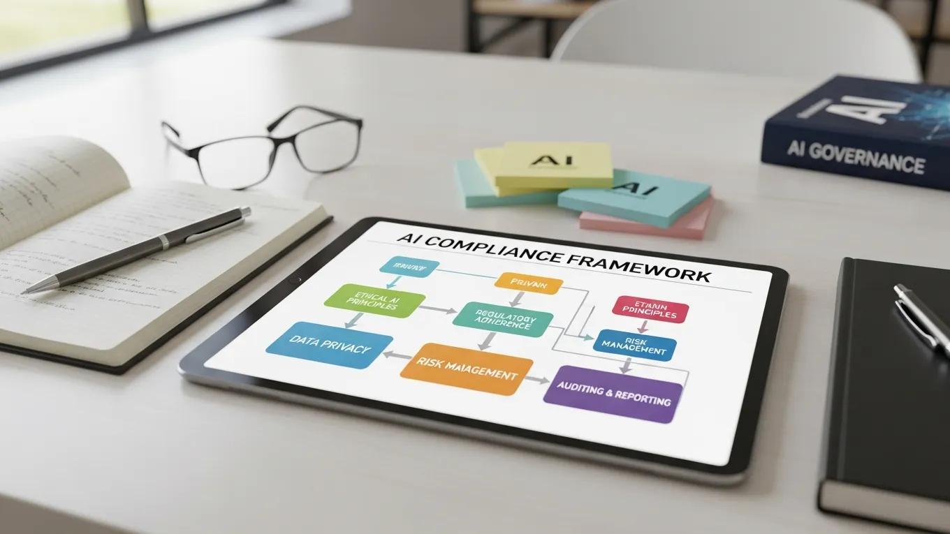 Digital tablet displaying AI compliance framework in a professional workspace