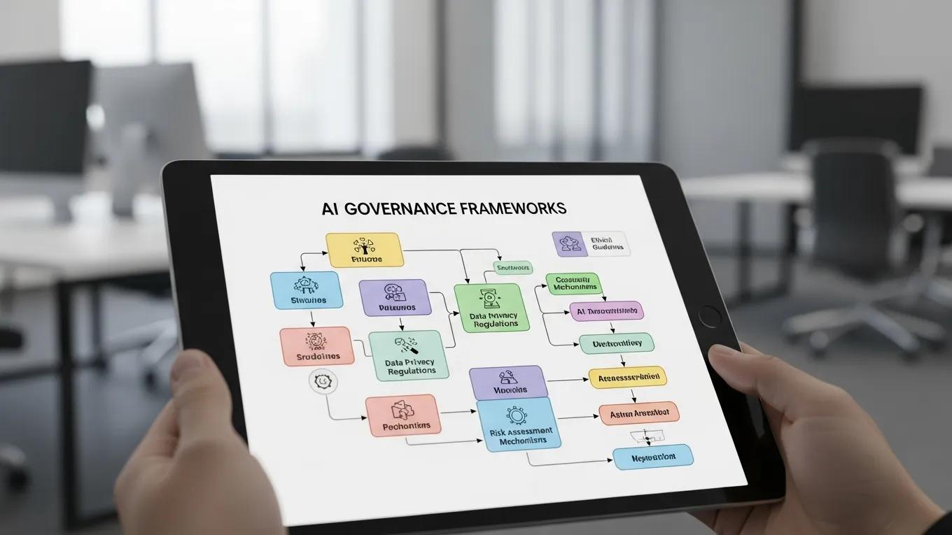 Digital tablet displaying AI governance frameworks in a professional office environment