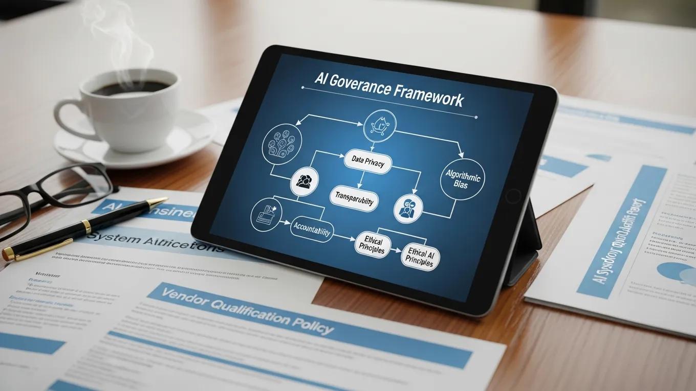 Digital tablet displaying AI governance frameworks in a professional setting