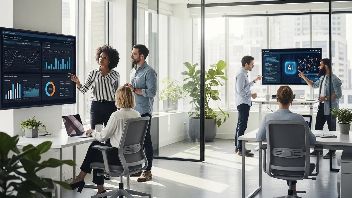 Diverse professionals collaborating in a modern office, analyzing digital performance metrics and AI data on screens, emphasizing KPIs and measurement strategies for enterprise success.