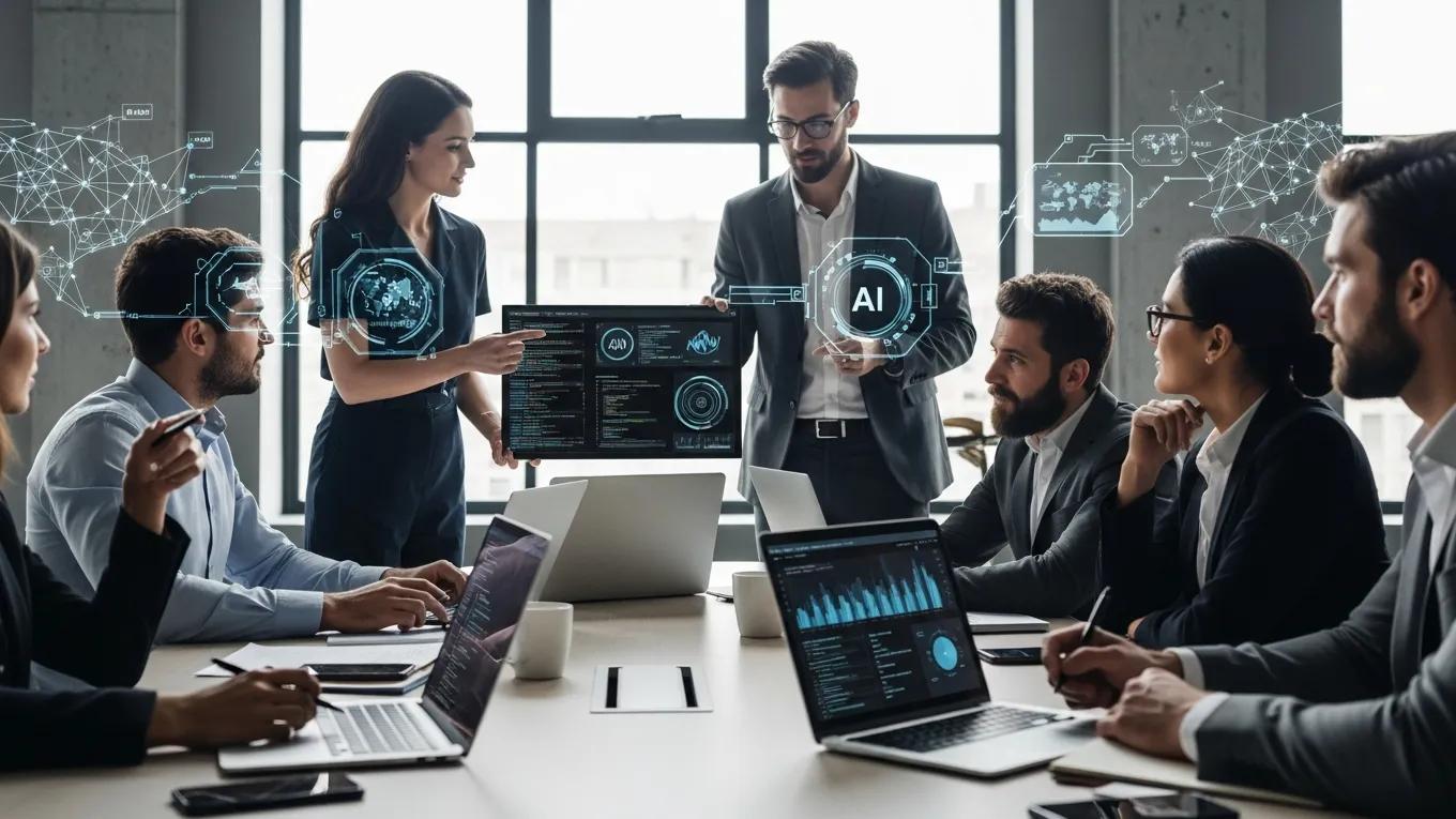 Diverse professionals collaborating in a modern office, discussing AI adoption strategies with digital data visualizations on screens.