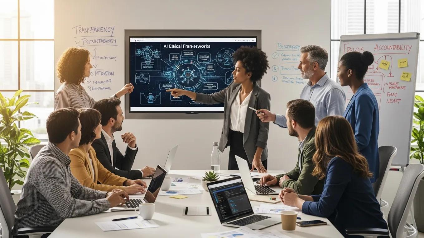 Diverse professionals collaborating on AI governance strategies in a modern office, discussing ethical frameworks and accountability on a digital display.