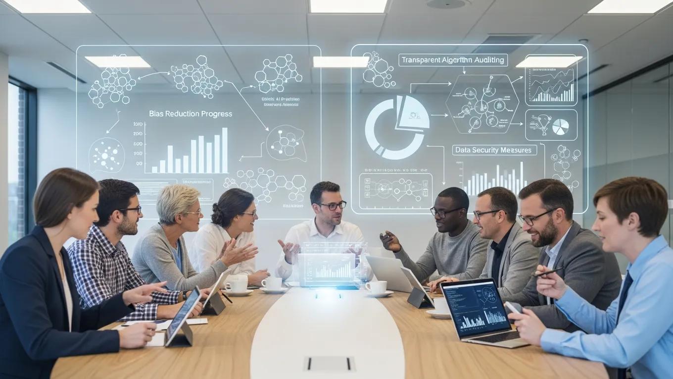 Diverse professionals discussing effective AI governance frameworks in a collaborative setting