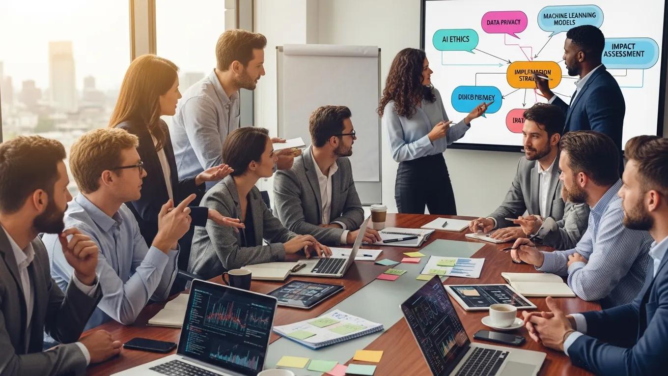 Diverse stakeholders engaged in discussion about AI initiatives in a conference room