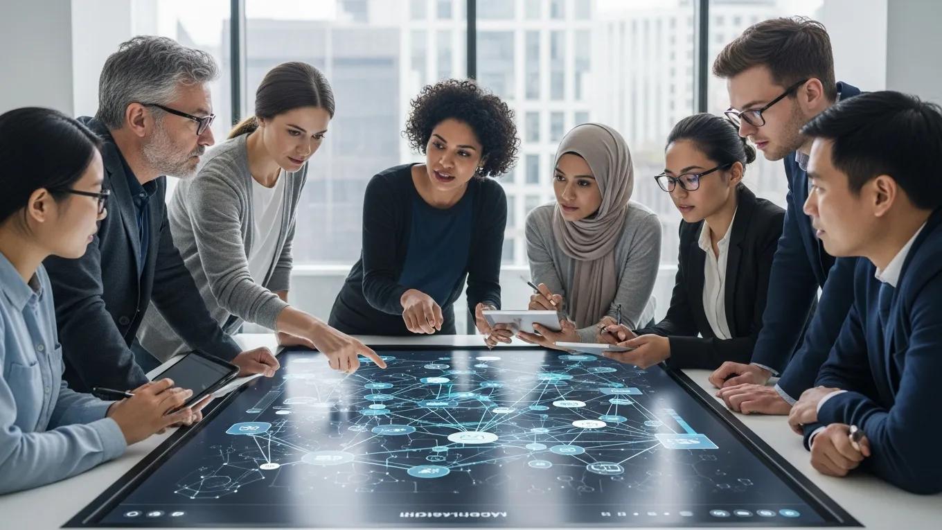 Diverse team discussing AI governance frameworks in a modern meeting room, emphasizing ethical decision-making