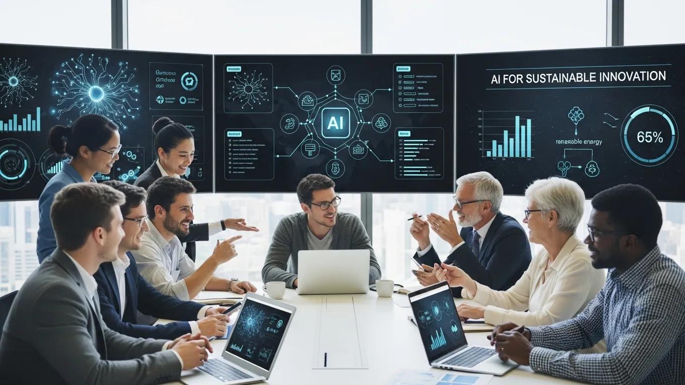 Diverse team discussing AI governance strategies in a modern office, highlighting collaboration and sustainability