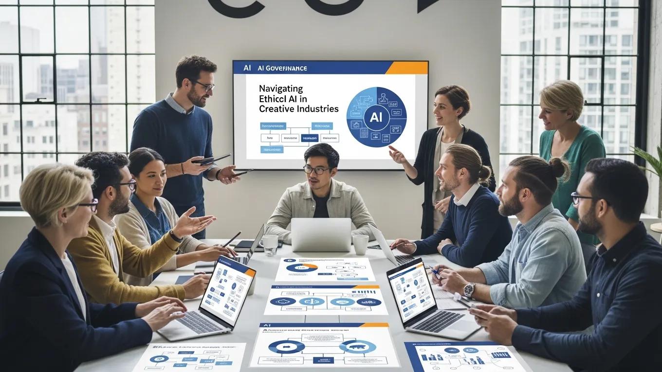 Diverse team discussing AI governance strategies in a professional setting, highlighting ethical considerations in creative industries, with laptops and visual presentations on the table.