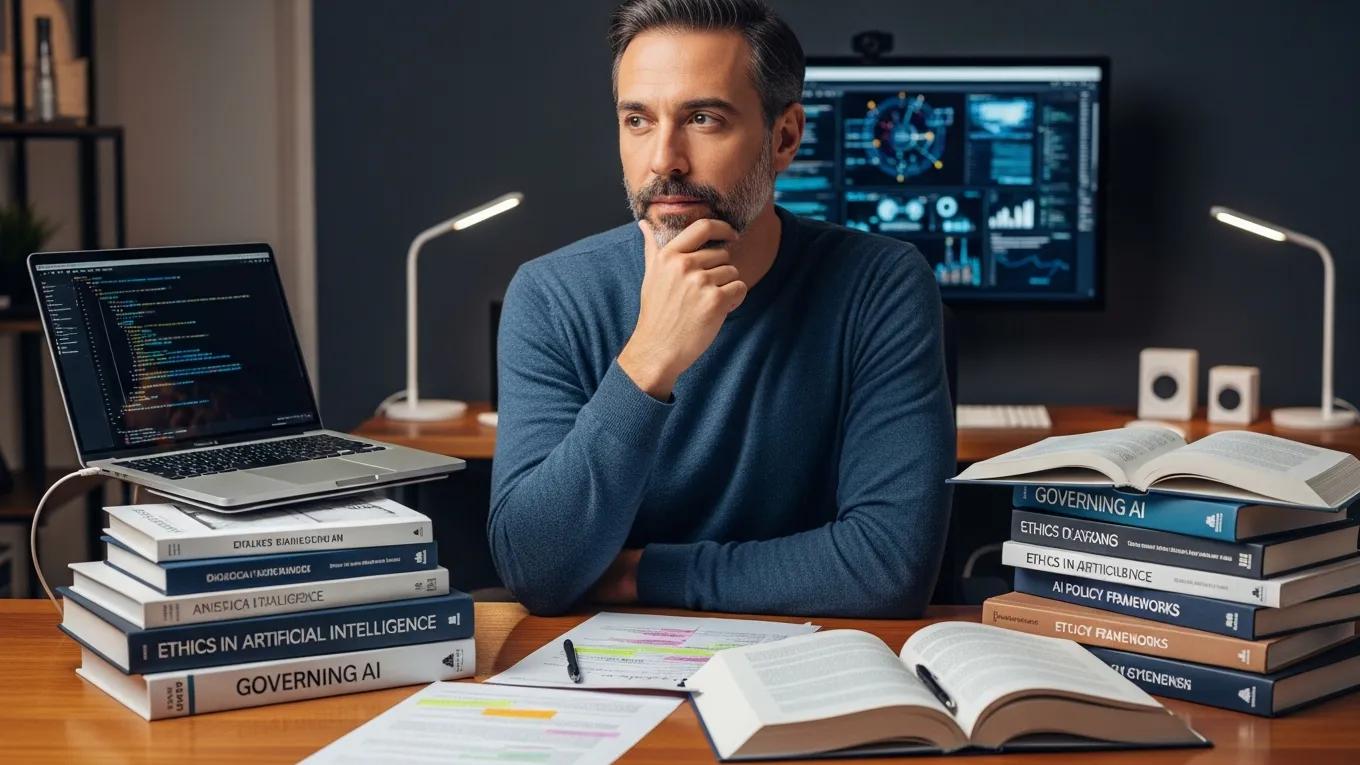 Dr. George Dagliyan contemplating AI governance strategies amid research materials, including books on ethics and frameworks, with a laptop displaying coding and analytics in a modern workspace.