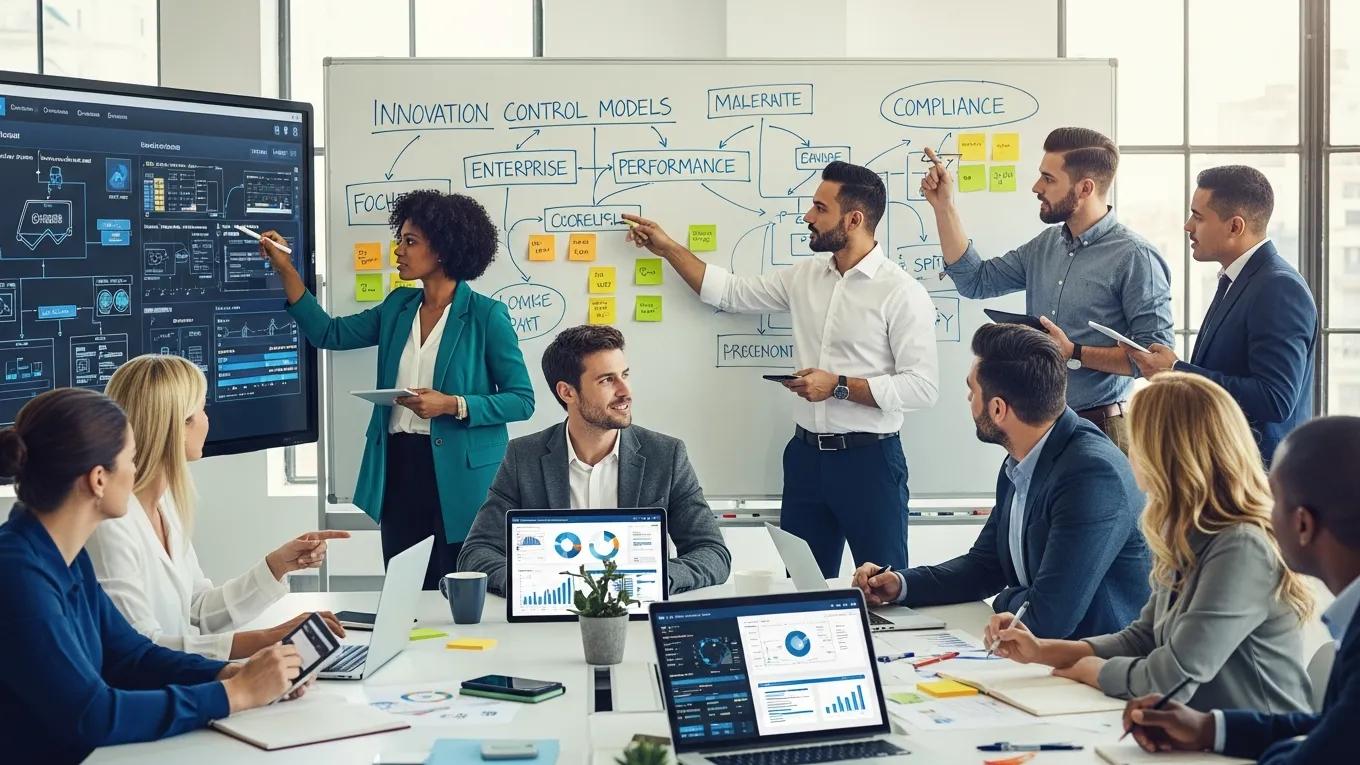 Employees brainstorming innovation control models in a collaborative workspace
