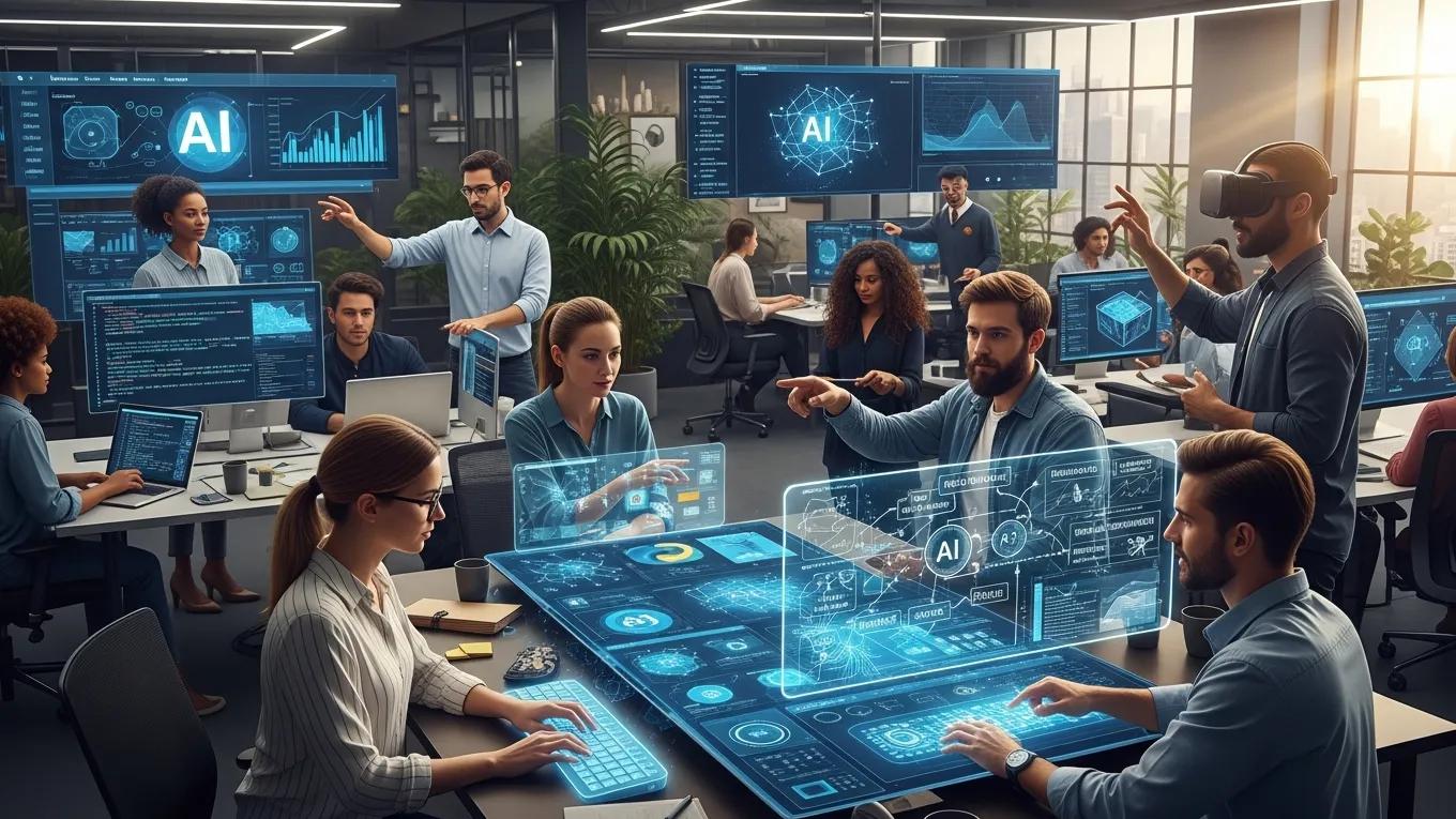 Employees collaborating on an AI project to drive culture change