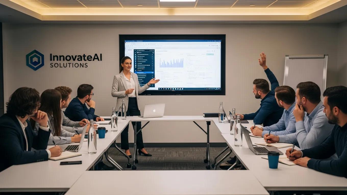 Employees participating in a training session on AI technologies for workforce reskilling