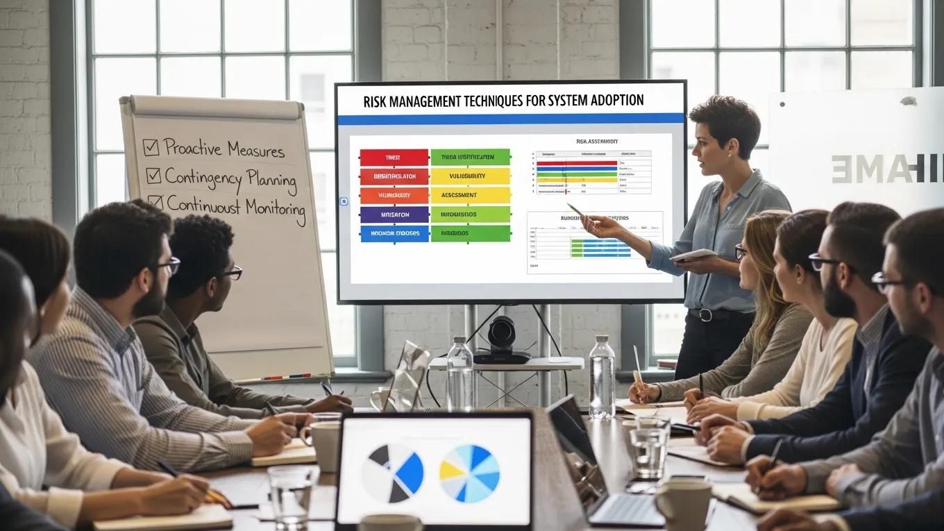 Employees participating in a training session on risk management techniques for system adoption