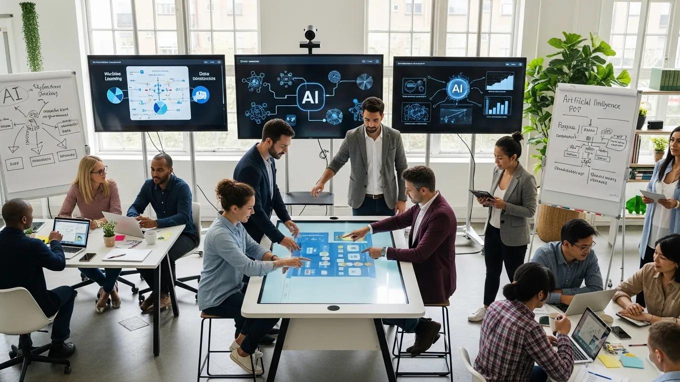 Employees engaged in an AI training session, collaborating at a digital table with AI-related visuals displayed on screens, emphasizing organizational readiness and technological integration.