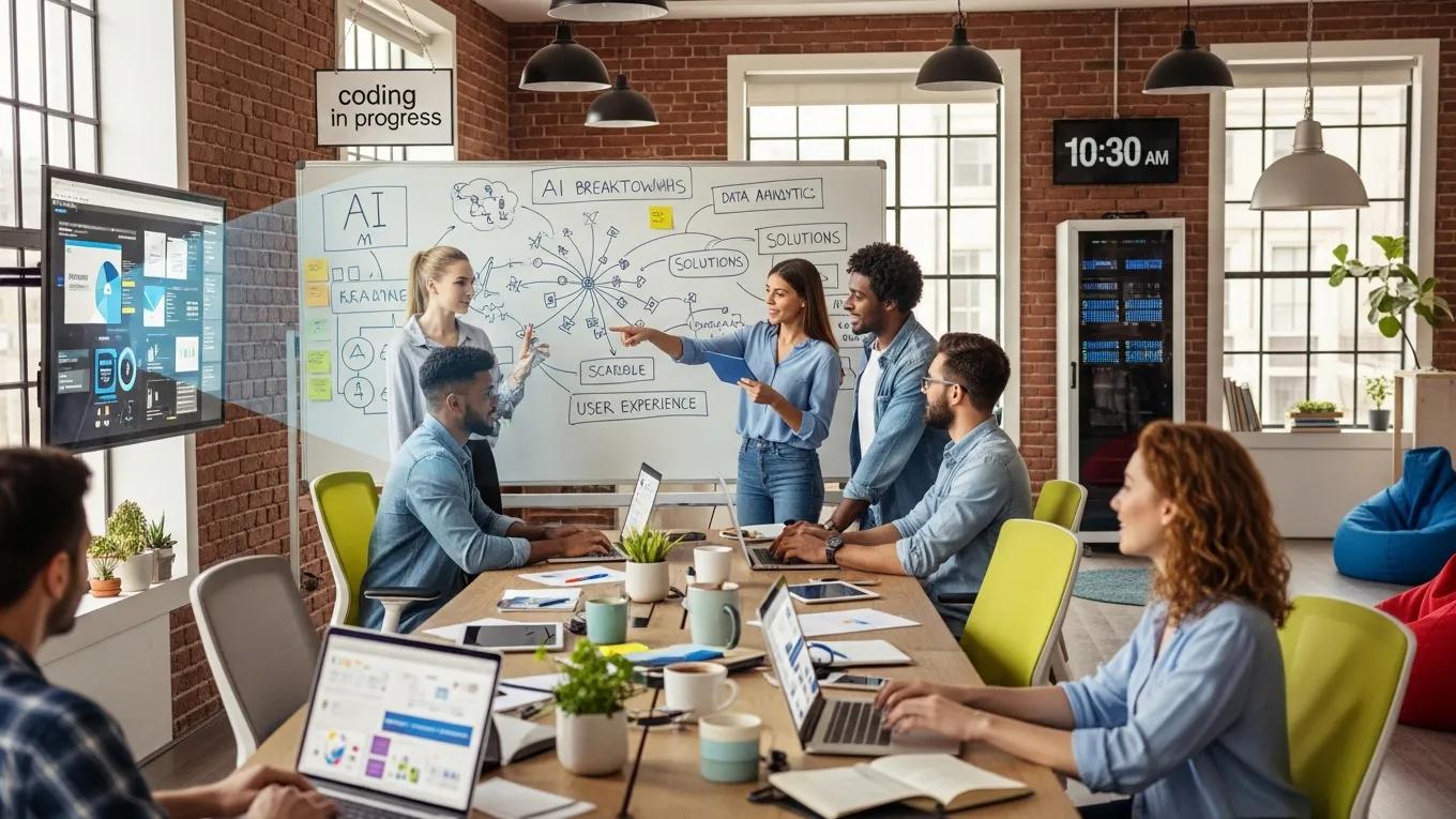 Group of diverse entrepreneurs brainstorming AI funding ideas in a modern startup environment, with a whiteboard displaying "AI Breakthroughs," "Data Analytics," and "User Experience," while laptops and digital displays showcase project progress and analytics.