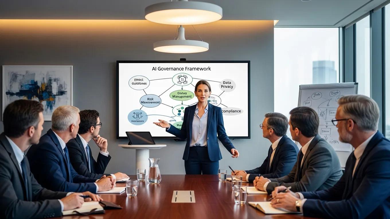 Executive advisor presenting AI governance framework to board of directors