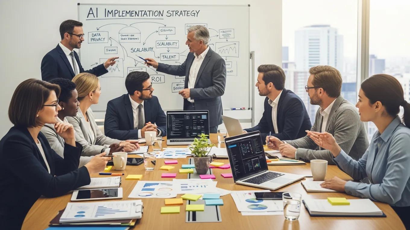 Executives collaborating in an AI workshop, discussing implementation strategy with data privacy and scalability concepts illustrated on a whiteboard, surrounded by laptops and notes for effective corporate strategy development.