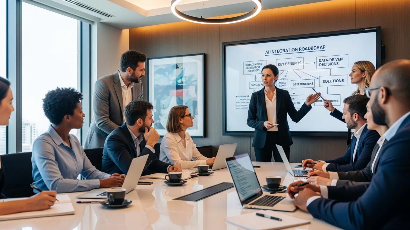 Executives collaborating in an AI strategy workshop