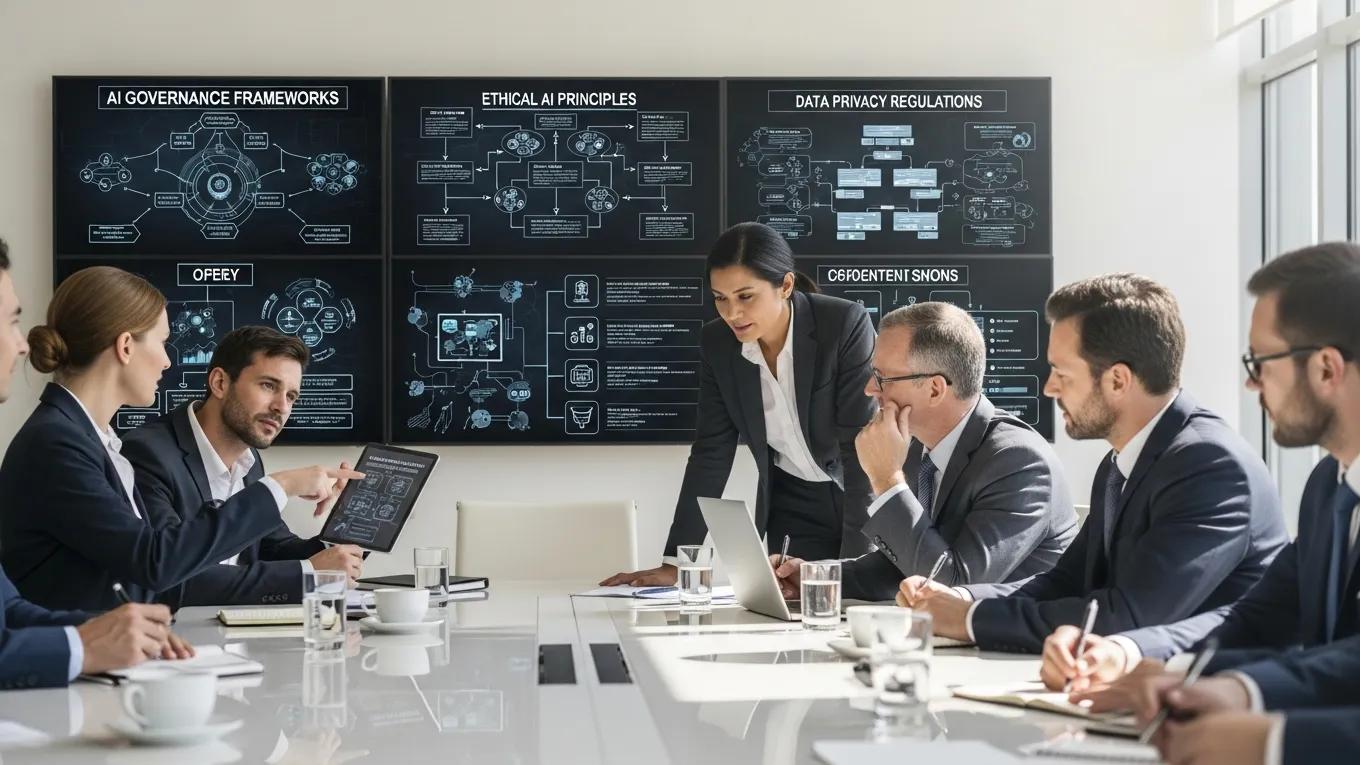 Executives discussing AI governance frameworks and ethical principles in a modern conference room, with visual aids on data privacy regulations and risk management strategies.