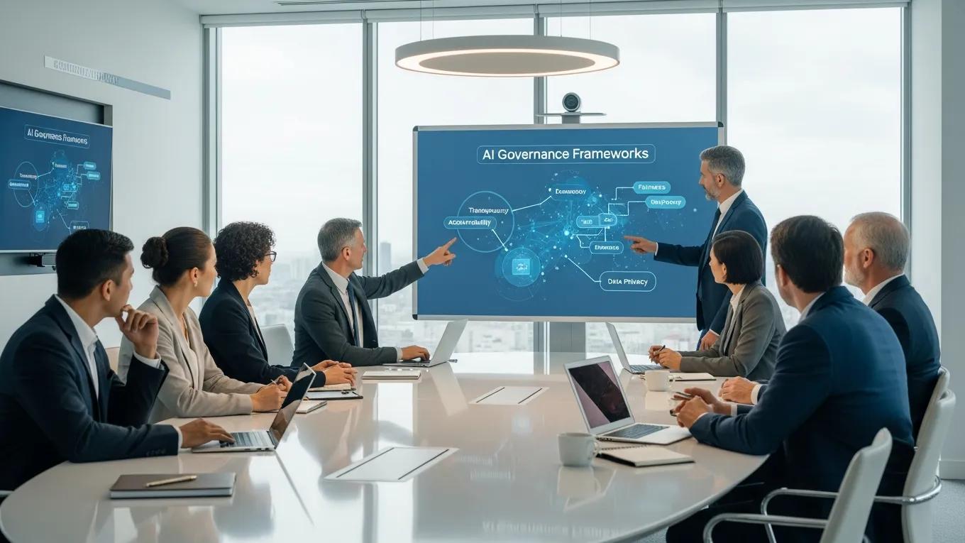 Executives discussing AI governance frameworks in a strategic meeting