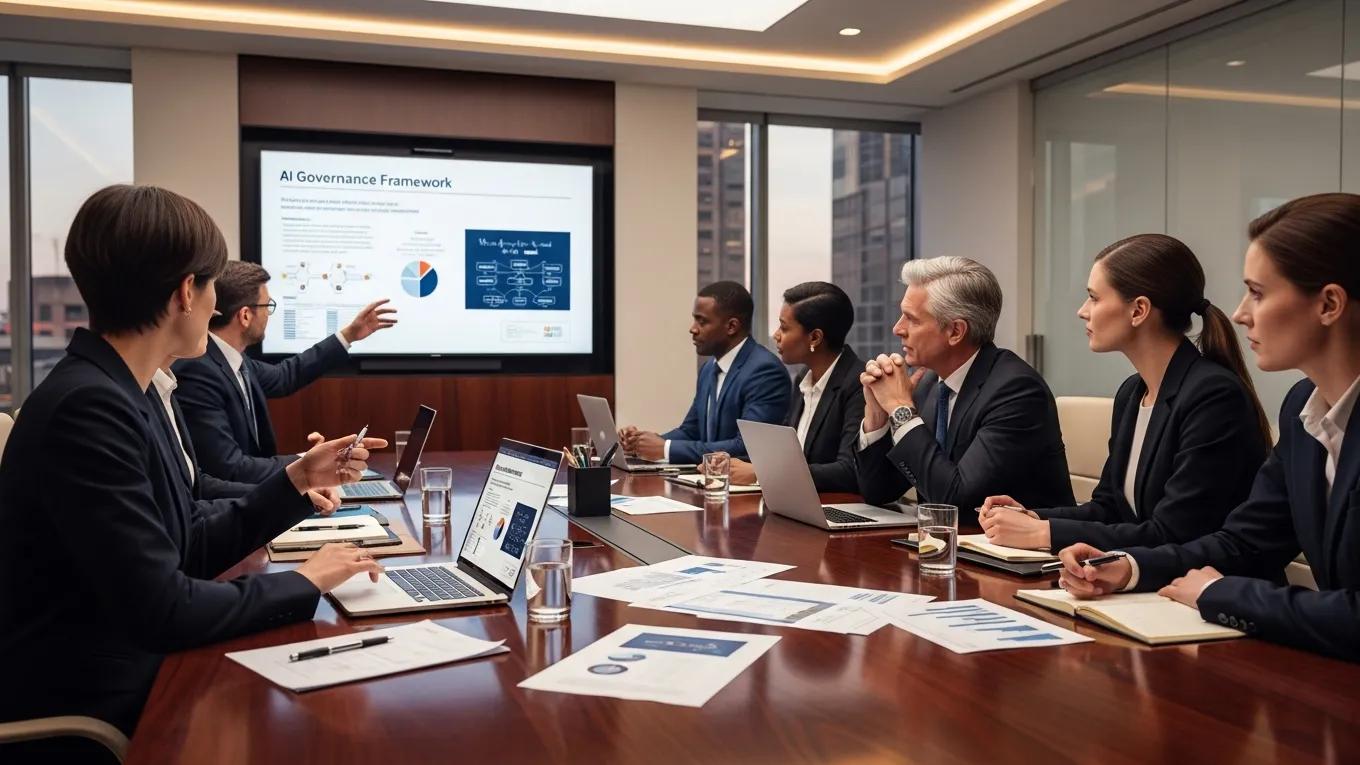 Executives discussing AI governance strategies in a business meeting