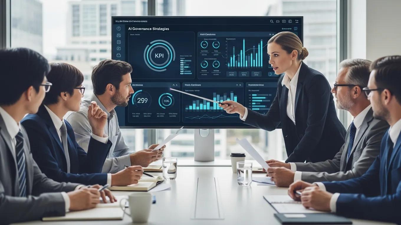 Executives discussing AI governance strategies with a digital dashboard displaying KPIs and performance metrics in a modern conference room.