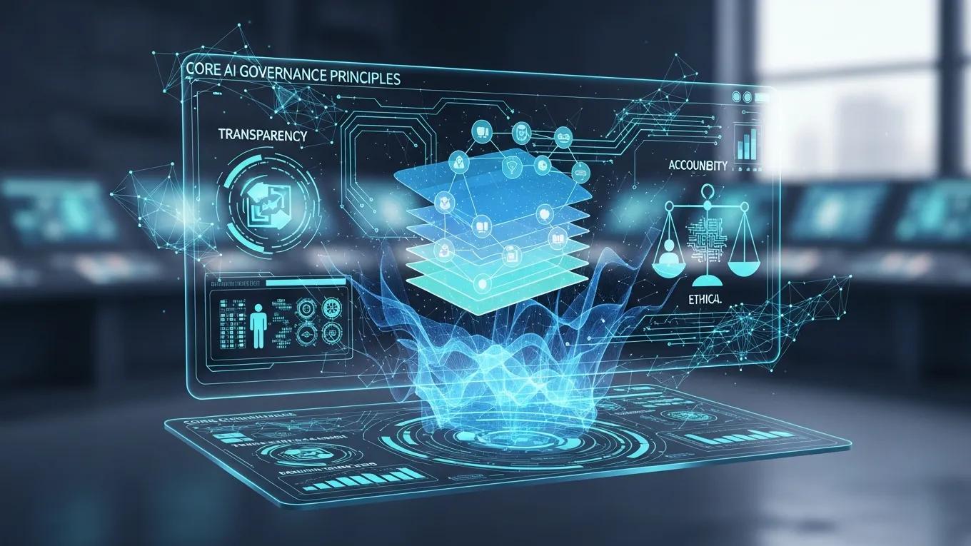 Futuristic digital interface illustrating AI governance principles for executives