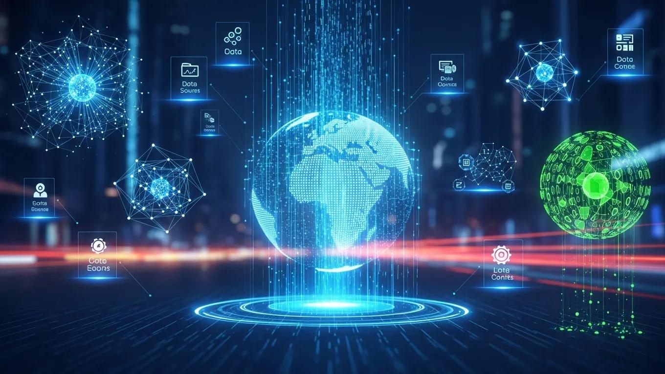 Futuristic digital interface representing AI data integration and automation in enterprise data management