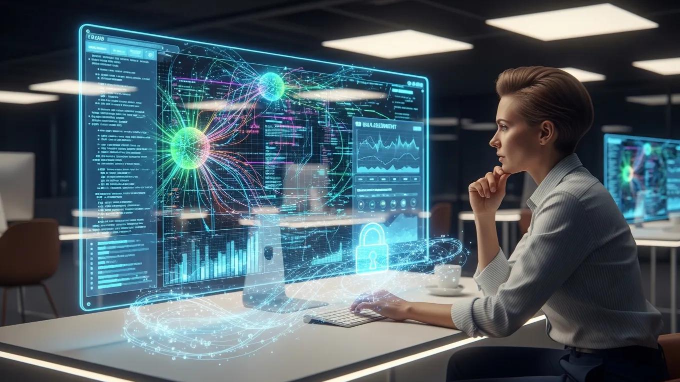 Futuristic workspace showcasing machine learning algorithms for underwriting automation