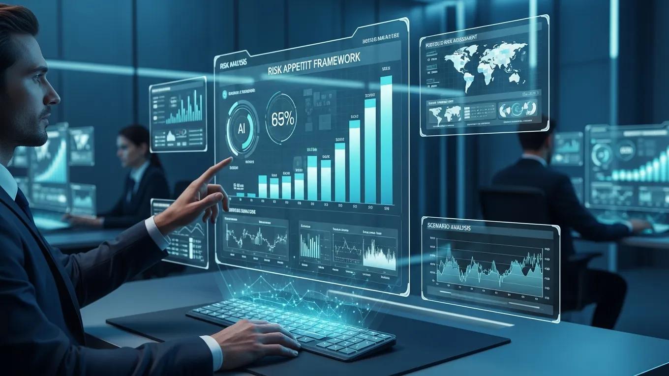 Futuristic workspace with AI technology for risk management analysis