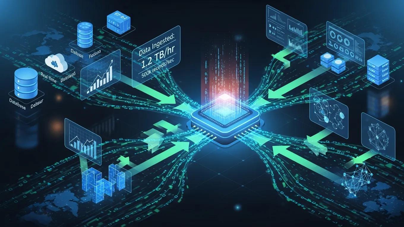 Illustration of data pipelines integrating various sources in enterprise data management
