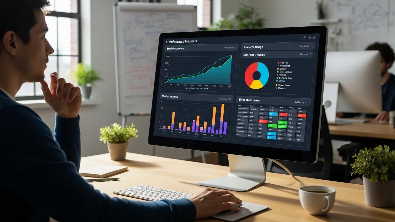 Individual analyzing AI performance metrics on a computer screen in a tech-savvy workspace