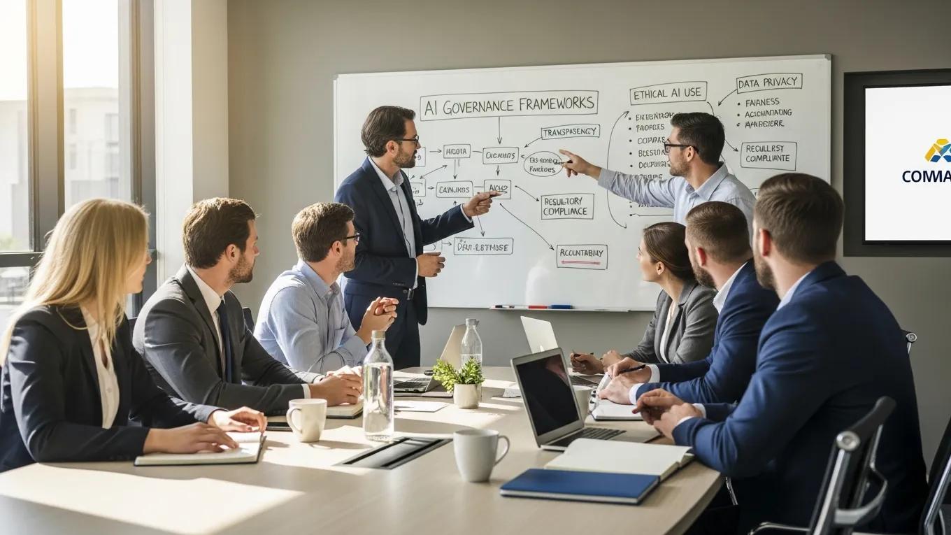 Insurance team discussing AI governance frameworks in a collaborative meeting environment