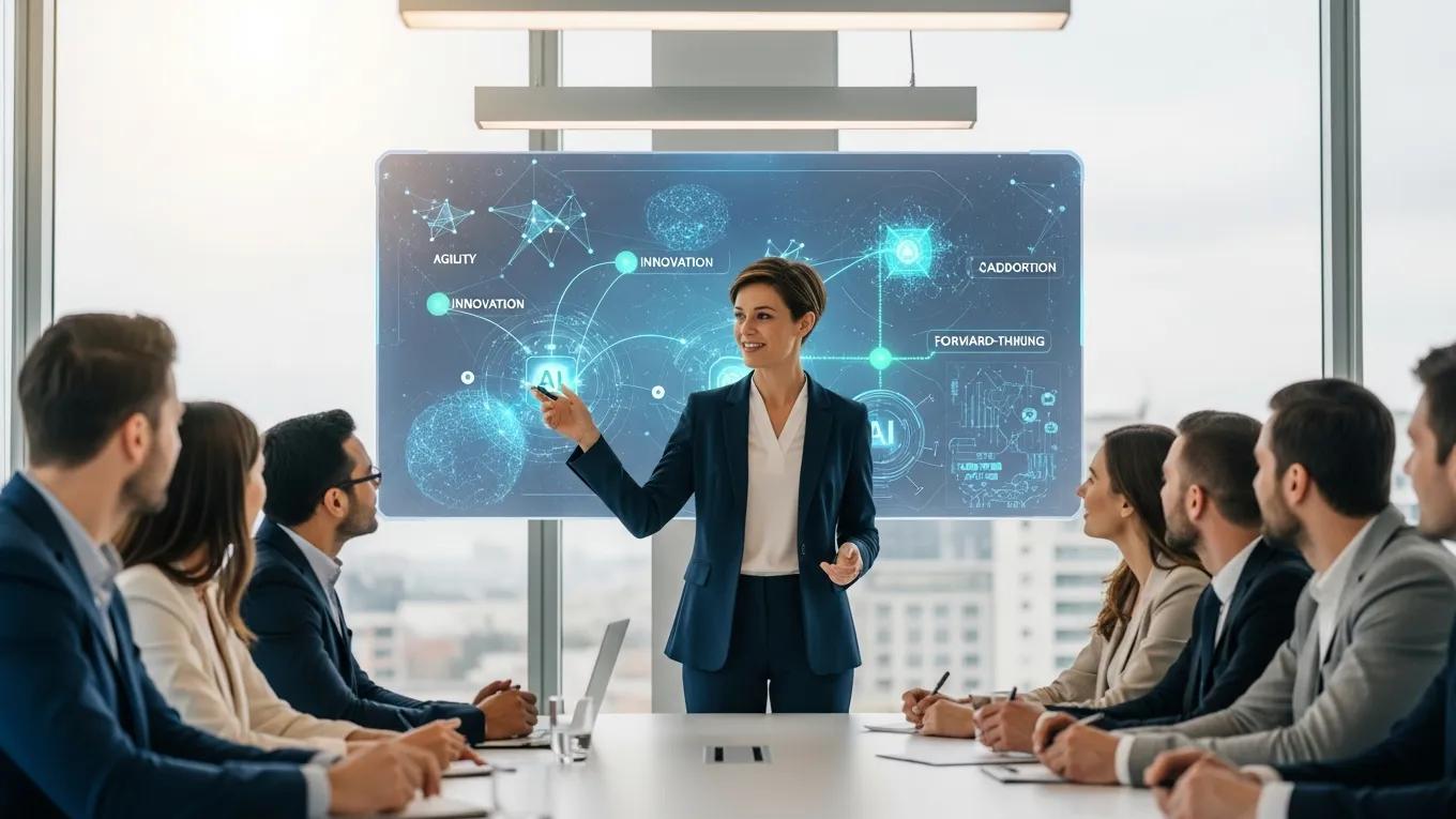 Leader presenting AI adoption strategies to a team in a modern conference room