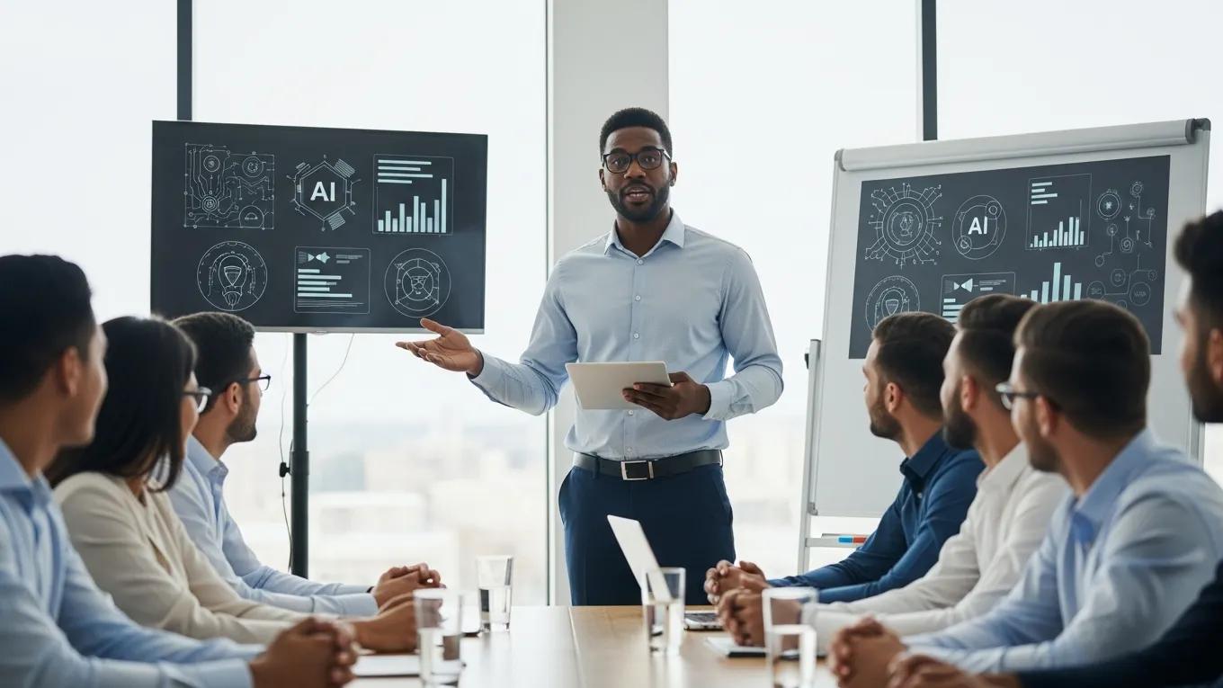 Leader presenting AI integration strategies to engaged employees in a conference room, showcasing charts and data visualizations on screens, emphasizing operational efficiency and decision-making.